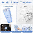 8 Pcs 20oz Acrylic Ribbed Tumblers with Lid and Straws Blue Plastic Reusable Iced Coffee Cups with Lid Unbreakable Vintage Ribbed Drinking Glasses Tumbler for Juice Smoothie Beverage with Clean Brush - Image 2