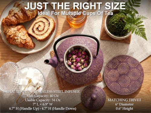 40 Oz Purple Maple Leaf Cast Iron Teapot, Enamel Interior, Infuser & Trivet - Image 5