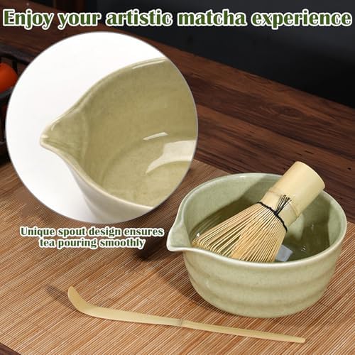 4PCS Matcha Tea Whisk Set, Tea Steeper Stirring Matcha Kits, Handmade from 100% Natural Bamboo Matcha Whisk (Chasen), Ceramic Matcha Bowl with Spout, Ceramic Whisk Holder, Scoop - Image 4