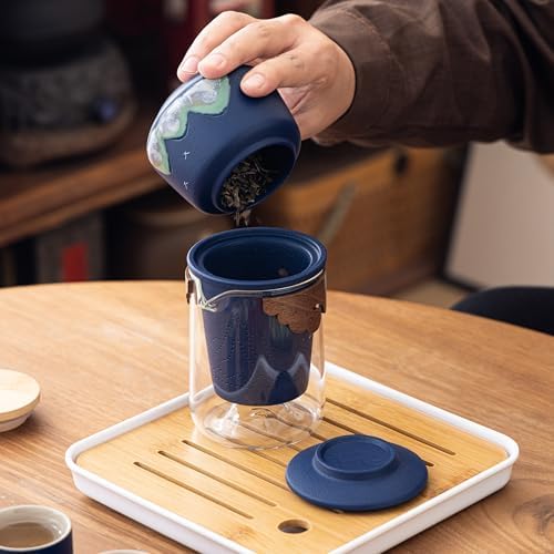 Portable Gongfu Tea Set with Travel Case, Ceramic Tea Set with Glass Teapot Infuser, Bamboo Tea Tray and 4 Ceramic Teacups, All-in-One Travel Tea Kit for Home Office Outdoor Picnic Camping - Image 6