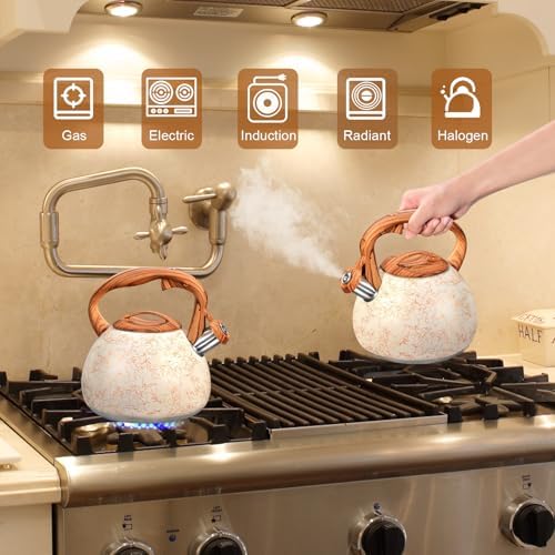 GGC Tea Kettle for Stove Top, Loud Whistling Kettle for Boiling Water Coffee or Milk, 3.1 Quart Stainless Steel Art Line White Pot with Wood Pattern Handle, Unique Button Control Outlet - Image 7
