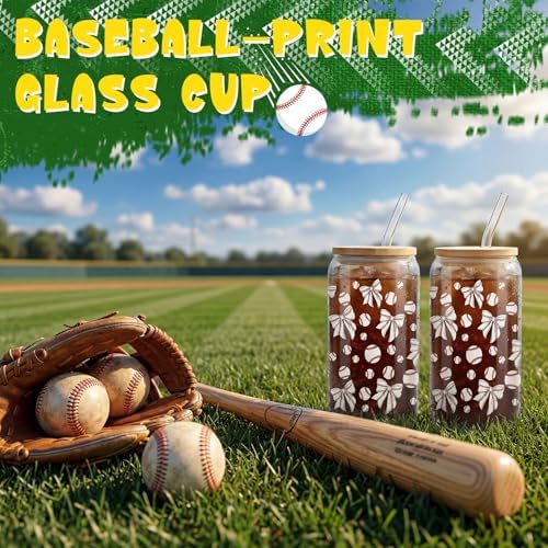12 Pack 16 Oz Baseball Glass Cups with Lid and Straw Sports Glass Clear Reusable Cups Iced Coffee Drinking Tumbler for Sports Themed Party Favors Team Gifts Birthday Party Supplies - Image 6
