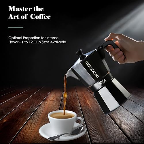 WECOOK! Bella Espresso Maker, Black, Aluminium, Mocha Coffee Maker, 6 Cups (300 ml), Silicone Seal & Safety Valve, Suitable for Gas, Electric and Glass Ceramic - Not for Induction - Image 7