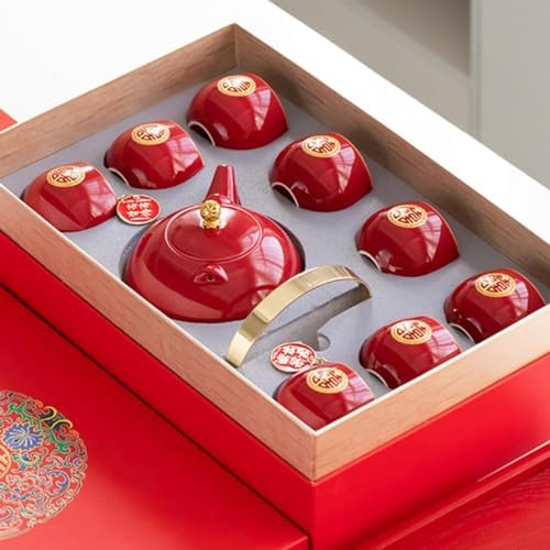 Wedding Tea Set, Chinese Traditional Red Porcelain Double Happiness KungFu Tea Set 1 Teapot 8 Teacups 1 Gift box for Ceremony Wedding Party Home Decor - Image 2