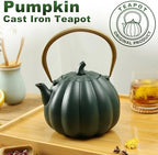 Pumpkin Cast Iron Teapot with Infuser - Japanese Kettle with Enamel Interior for Loose Leaf Brewing, 40oz Traditional Tetsubin, Stainless Steel Filter, Stovetop Safe (Dark Green) - Image 2