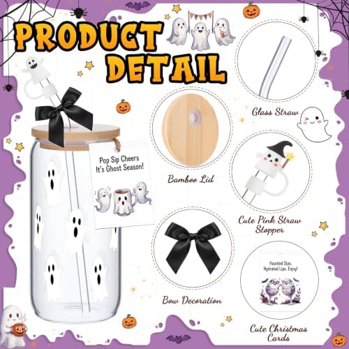 Vesici 6 Set Halloween Ghost Glass Cups 16 oz with Lid Straw and Stopper - Image 4