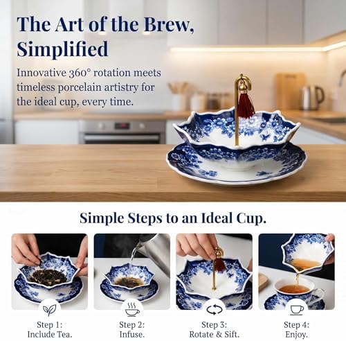 Umbrella Shape Ceramic Tea Strainer - Chinese Blue and White Porcelain Loose Leaf Tea Infuser with Drip Base, Traditional Chinese Fine Mesh Filter for Kung Fu Tea and Coffee Brewing (Red) - Image 5