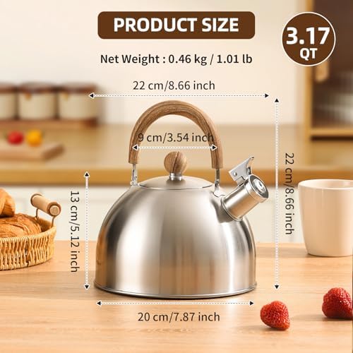 18/8 Stainless Steel 3.17 Quart Tea Kettle for Stovetop, Silver - Image 2