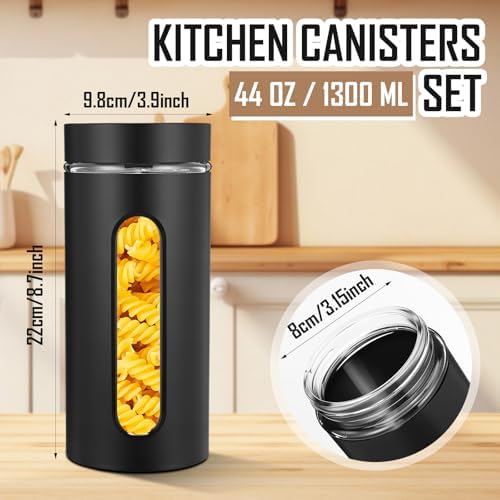 Mimorou 3 Pcs Stainless Steel Canister Set with Glass Windows Visible Storage Jars Silver Kitchen Canister Set for Pasta Flour Oat Sugar Container, Kitchen Tools, Housewarming Gifts(Black,44 oz) - Image 2