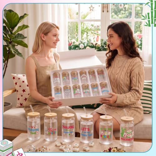 Teenyyou 12 Set of Mahjong Glass Cup with Bamboo Lid and Glass Straw 16oz Mahjong Glasses Jar Summer Drinking Cups Beer Iced Coffee Cup Tumbler Mugs for Women Men Birthday Party or Game Night Gifts - Image 5
