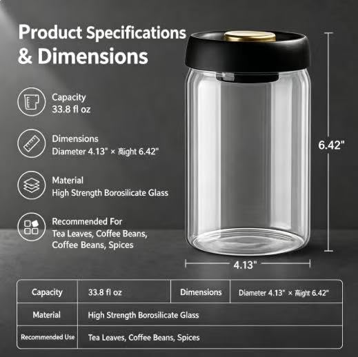 Vacuum Sealed Glass Storage Jar, 33.8oz Airtight Canister for Coffee Beans, Tea, Nuts, High Borosilicate Container - Image 2