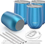 THILY Stainless Steel Stemless Wine Glasses 4 Pack Triple Vacuum Insulated Cute Wine Tumbler Set Travel Cups with Lid, Reusable Straw, 12 oz, Keep Cold for Beer, Cocktails, Party, Sparkle Blue - Image 4