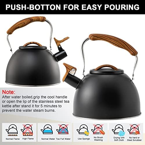 3.2 Quart Whistling Tea Kettle for Stove Top Stainless Steel Tea Pots With Wood Pattern Anti-slip Handle, Black… - Image 4