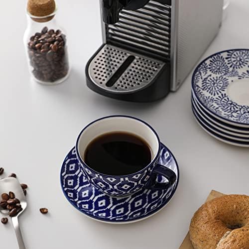 Selamica Ceramic 8 oz Cappuccino Cup Set with Saucers, Espresso Coffee Cups, Latte Macchiato for Party Cafe Home, Set of 6, Vintage Blue - Image 4