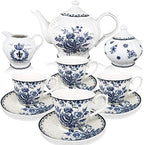 Brew To A Tea Blue Dream Tea Set, 48oz Teapot, 8oz Tea Cups, Saucers, Sugar Bowl, Creamer, Porcelain, Blue by BrewToATea