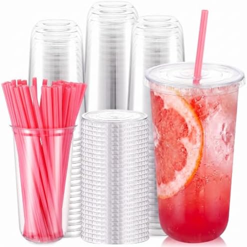 Ziliny 100 Sets 20 oz Clear Plastic Cups with Heart Shaped Straws and Lids by Ziliny