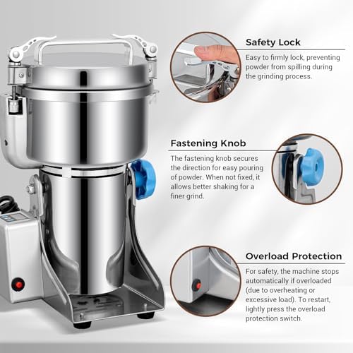 LEEVOT Grain Mill Grinder, 750g Commercial Spice Grinder Electric 2000W Stainless Steel Pulverizer Dry Grinder for Grinding Wheat, Oats, Corn, Pepper, and Coffee Beans – Grinder for Kitchen. - Image 4