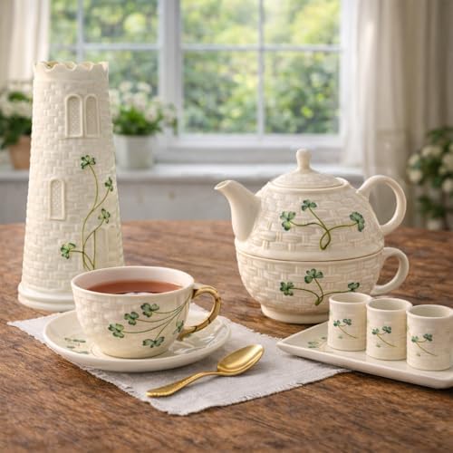 Belleek Classic Shamrock Tea for One Set, Handcrafted Teapot and Cup, Parian China Ceramic Tea Set, Microwave Safe, White - Image 6