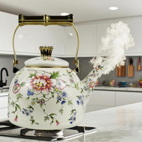 Vintage Tea Kettle 2.5L Rose Floral Enamel Stovetop Teapot Kitchen Decor - Image 7