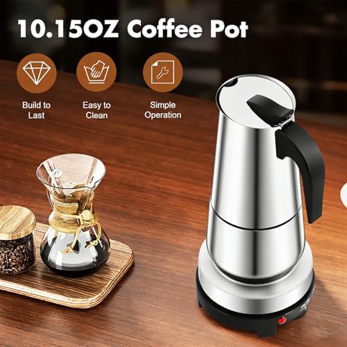 Coffee Pot with Electric Stove, Stainless Steel Moka Espresso Pot Maker, Induction Italian Coffee Machine for Offices, Restaurants, Lounge Bars, Cafes (300, Milliliters) - Image 2