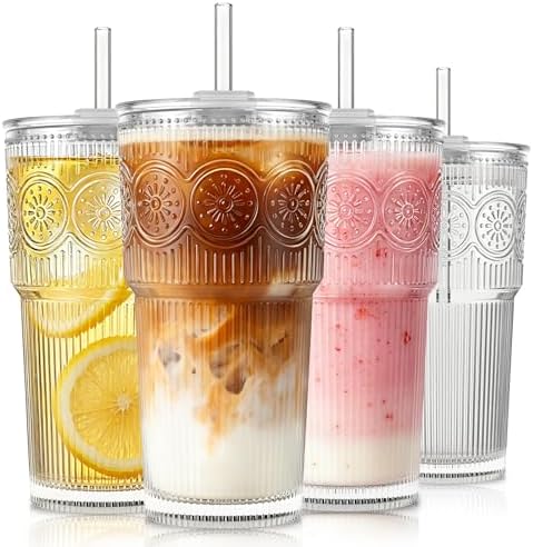 KEMORELA 20oz Ribbed&Floral Iced Coffee Cups with Lids, Reusable Glass Cups by KEMORELA