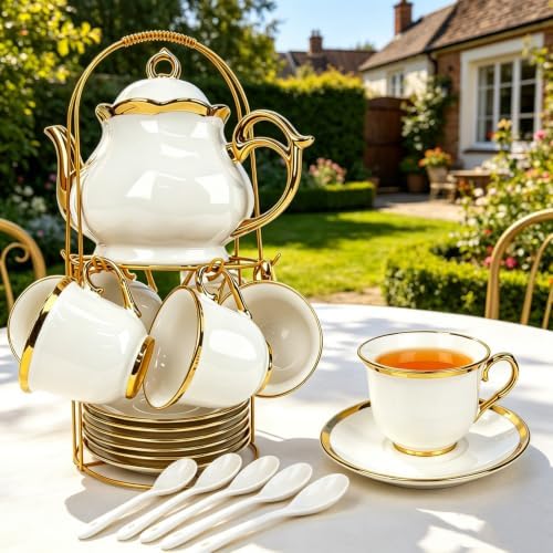 20 Pcs Porcelain Tea Set with Metal Holder, Adult Tea Set Gift, Large European Ceramic Tea Set for Adults, Flower Tea Cup Saucer Set for Party With Gold Trim(French White/1100ml) - Image 4