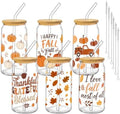 Fall Glass Cups with Lids and Straws, 6 Pack, 16oz, Happy Fall by Culudea