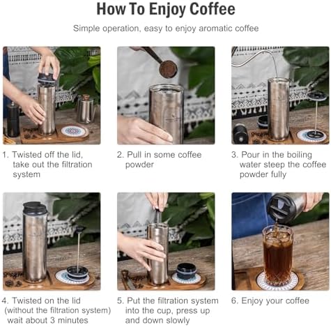 iBasingo 450ml Titanium French Press Coffee Flask Double-Walled Insulated Vacuum Cup Portable Water Bottle Outdoor Traveling Car Mug with Lid Ti3255D - Image 6