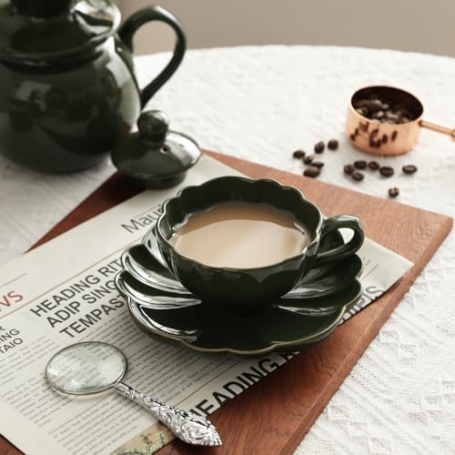 Ceramic Flower-shaped Tea Cup and Saucer Set 5oz/150ml Cappuccino Coffee Mug and Saucer, Unique Designer Pottery Gift for Tea Lovers (Green) - Image 5