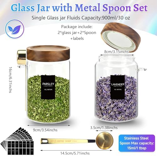 30oz/900ml Airtight Glass Storage Jar with Lids Spoons Labels Set of 2,Coffee Ground Canister Sugar Container for Coffee Beans Sugar Candy Spice Seasoning Tea(900ml/30oz-2Pack) - Image 2