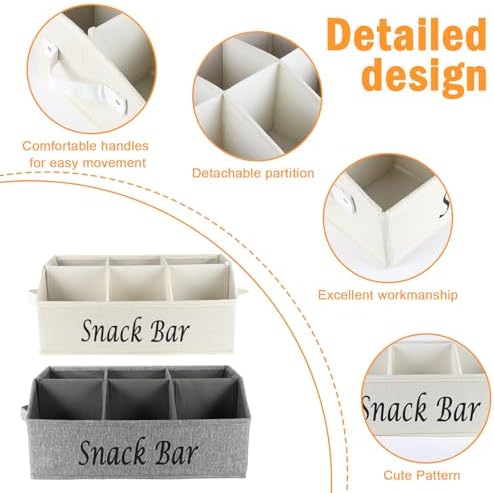 Snack Organizer for Countertop, 2 Pack Fabric Snack Container with Handles, 6 Compartment Snack Box Container Snack Basket, Snack Bar Station Decor, Kitchen Pantry Organizer and Storage - Image 2
