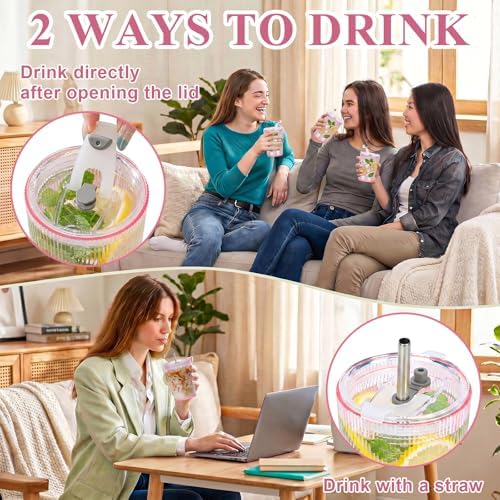 8 Pcs 15oz Plastic Tumblers with Lids and Straw Ribbed Iced Coffee Cups Pink Reusable Plastic Cups Leak-Proof Travel Iced Coffee Tumblers for Home Office Travel with Clean Brush - Image 5