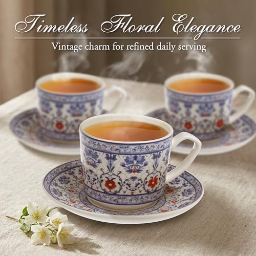 Zagara Home Zagros Porcelain Coffee Cup Set of 6, Espresso Cups and Saucers Set, Turkish Coffee Cups, French Coffee Cups, Lightweight Porcelain Vintage Small Cups for Coffee and Tea - Image 2