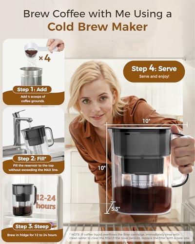 Waterdrop PT-10 Cold Brew Coffee Maker with 4 Magnesium Water Filter Well-Balanced Acidity, Unlocks Aroma, Stainless Steel Filter for Iced Coffee, Tea, Lemonade, BPA-Free Cold Brew Pitcher,Black - Image 2