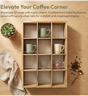 12 Grid coffee mug display shelf, 17x25" Wooden cup shelf for wall, Carbon - Image 4