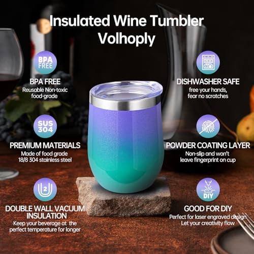 Volhoply 12oz Stainless Steel Wine Tumbler with Lid Bulk 8 Pack,Double Wall Vacuum Stemless Wine Glasses,Reusable Metal Travel Coffe Mug with Straw,Insulated Cup Gifts for Women（Purple Green,8 Set） - Image 3