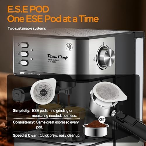 Plum chef 20 Bar Espresso Machine with Milk Frother, Dual Shot, ESE Pod Compatible, 54 OZ Removable Water Tank for Home Barista (Silver) - Image 5