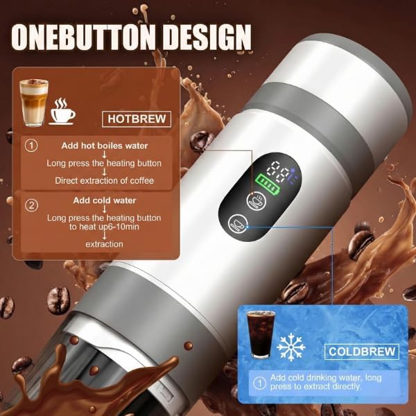 Portable Coffee Maker KF-JN-03 with Digital Display & 20 BAR Pressure – Hot & Cold Brew, Compatible with Coffee Grounds and Capsules, Compact Single-Serve Design with Transparent Cup & 60ml Tank - Image 5