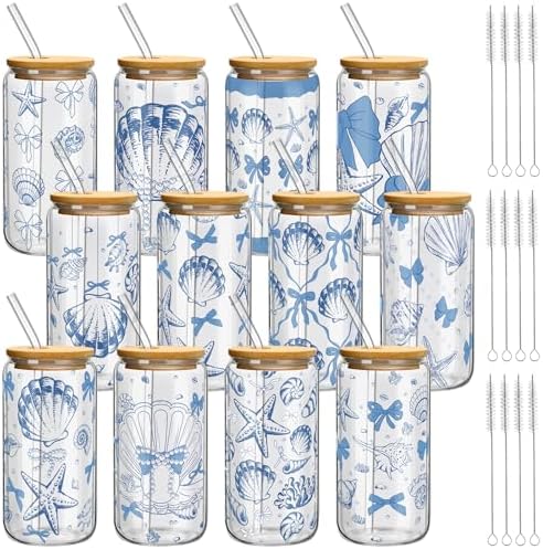 Teenyyou 12 Set of Glasses with Bamboo Lid and Glass Straw 16 oz(Shell) by Teenyyou