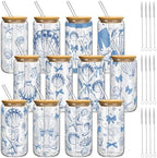Teenyyou 12 Set of Glasses with Bamboo Lid and Glass Straw 16 oz(Shell) by Teenyyou