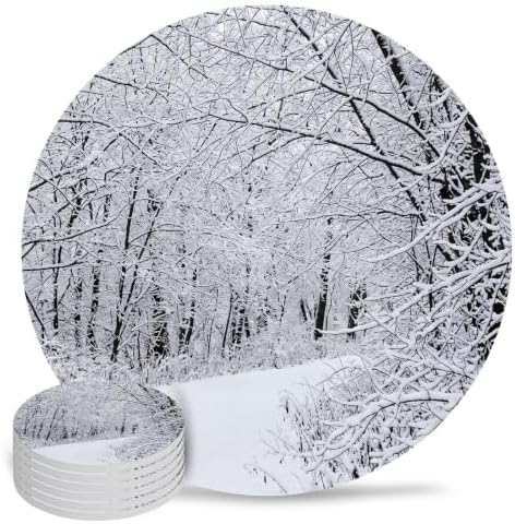 Winter Snow-Covered Trees Coasters for Drinks, Set of 86 Natural Landscape Snow Path Absorbent Ceramic Coaster with Cork Base Decor for Wooden Table & Bar, Housewarming Gift Home Decor by TSRSUNFLOWER