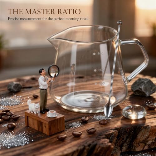 Pour Over Coffee Maker Set, 20.3 fl oz / 600 ml, Conical Glass Dripper with Wood Base, Manual Drip Pour Over Coffee Carafe, Clear Scale for Home, Office, Cafe - Image 2