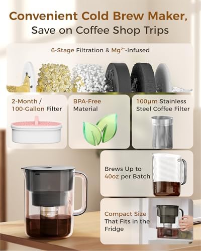 Waterdrop PT-10 Cold Brew Coffee Maker with 4 Magnesium Water Filter Well-Balanced Acidity, Unlocks Aroma, Stainless Steel Filter for Iced Coffee, Tea, Lemonade, BPA-Free Cold Brew Pitcher,Black - Image 6