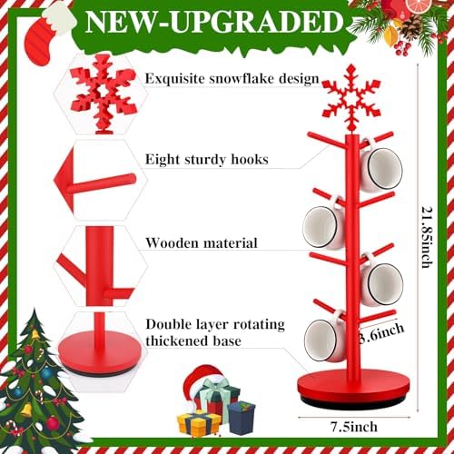 DoubleFill Christmas Tree Coffee Mug Holder 8 Hooks Snowflake Mug Holder for Countertop Snowflake Cup Rack Wood Christmas Tree Display for Kitchen Coffee Accessories - Image 6
