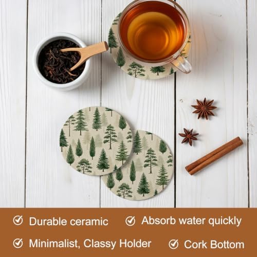 Green Christmas Tree Absorbent Ceramic Coasters Set of 4 with Holder, Xmas Pine Trees Natural Forest Rustic 4" Round Drink Coasters with Cork Base, Coffee Mugs Mats for Housewarming Gift/Bar/Party - Image 6