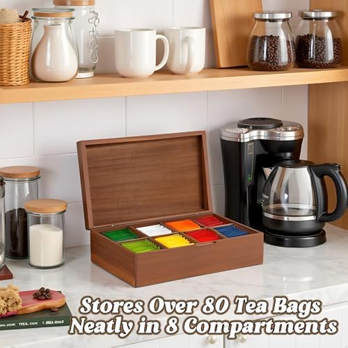 Acacia Wood Tea Bag Organizer Box – 8-Compartment Tea Storage Container Tea Caddy Holder with Removable Dividers – Rustic Tea Chest for Kitchen Counter, Coffee & Tea Station, Gifts - Image 2