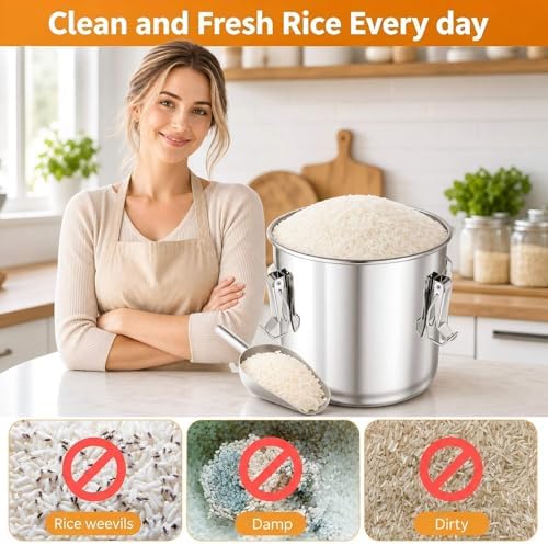 304 Stainless Steel Food Containers with Lids,12L/20LBS Airtight Food Storage Containers with Lock Clips for Flour Rice Sugar Coffee Bean,Stainless Steel Food Storage Containers for Kitchen - Image 2