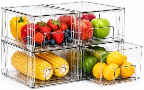 4 Pack Stackable Storage Drawers with Handles, Easy Assembly Clear Acrylic Fridge Organizer, Refrigerator Organizers and Storage for Kitchen, Under Sink, Pantry, Bathroom by Unknown