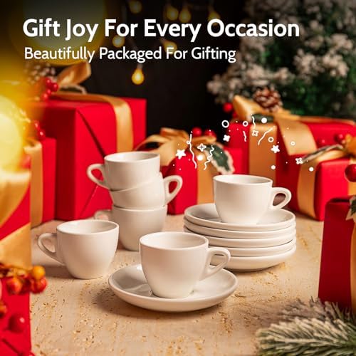 Sweese 4oz Porcelain Espresso Cups with Saucers, Set of 6 - Ideal for Espresso, Cappuccino, Latte, Tea - White - Image 6