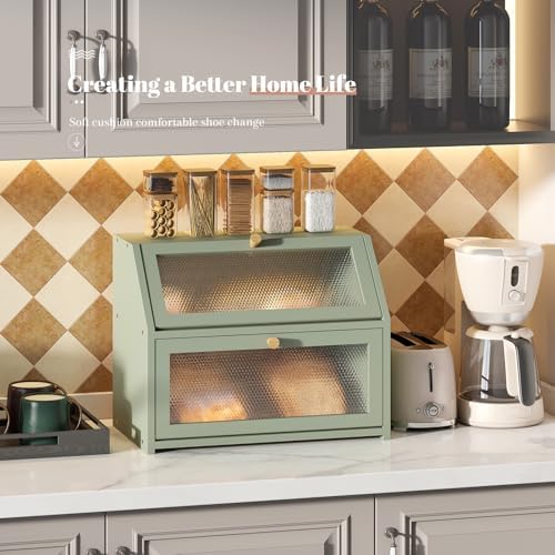 STDDRE Bread Box for Kitchen Countertop Bin Double Layer Bread Box Storage Container Extra Large Capacity Farmhouse with Diamond Pattern Windows (Green, Large) - Image 6